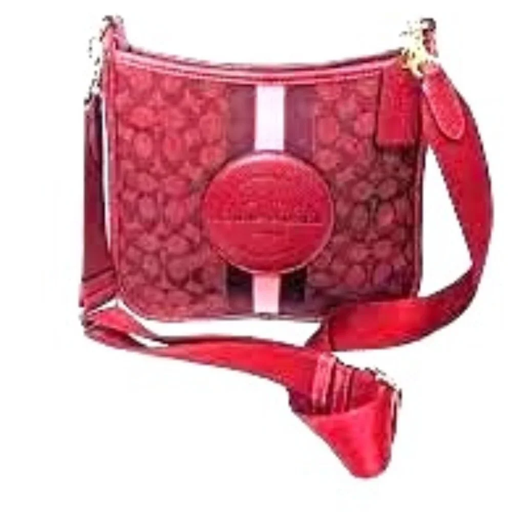 Coach Red Signature Canvas Crossbody Bag with Pink Stripe